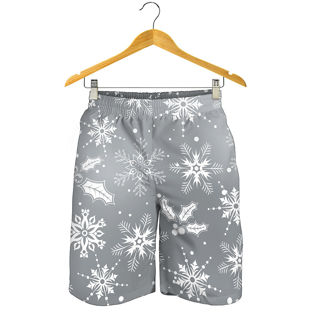 Silver And White Snowflake Pattern Print Men's Shorts