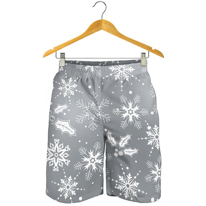 Silver And White Snowflake Pattern Print Men's Shorts