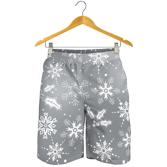 Silver And White Snowflake Pattern Print Men's Shorts
