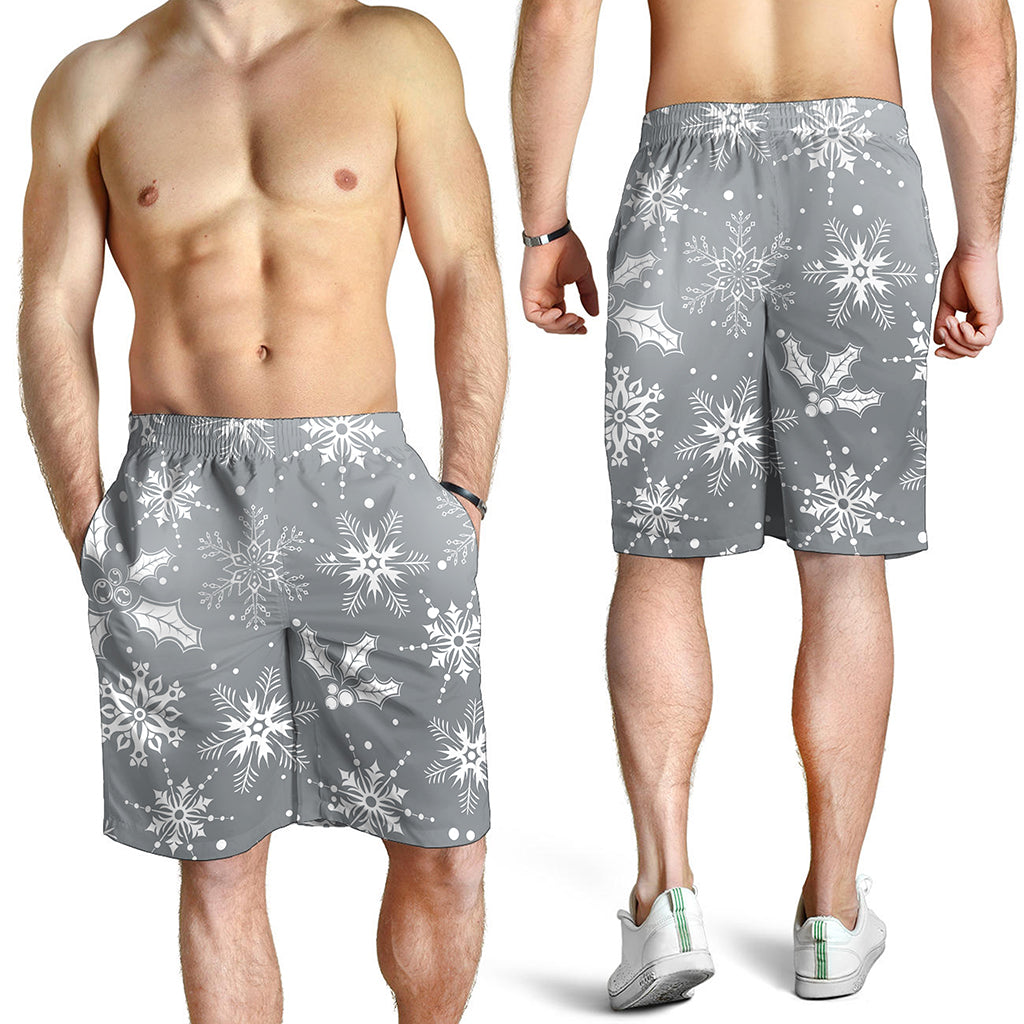 Silver And White Snowflake Pattern Print Men's Shorts