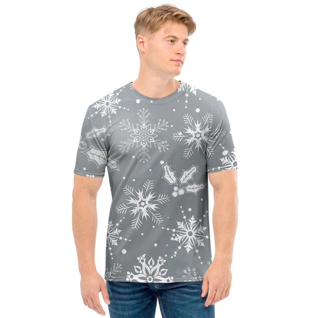 Silver And White Snowflake Pattern Print Men's T-Shirt