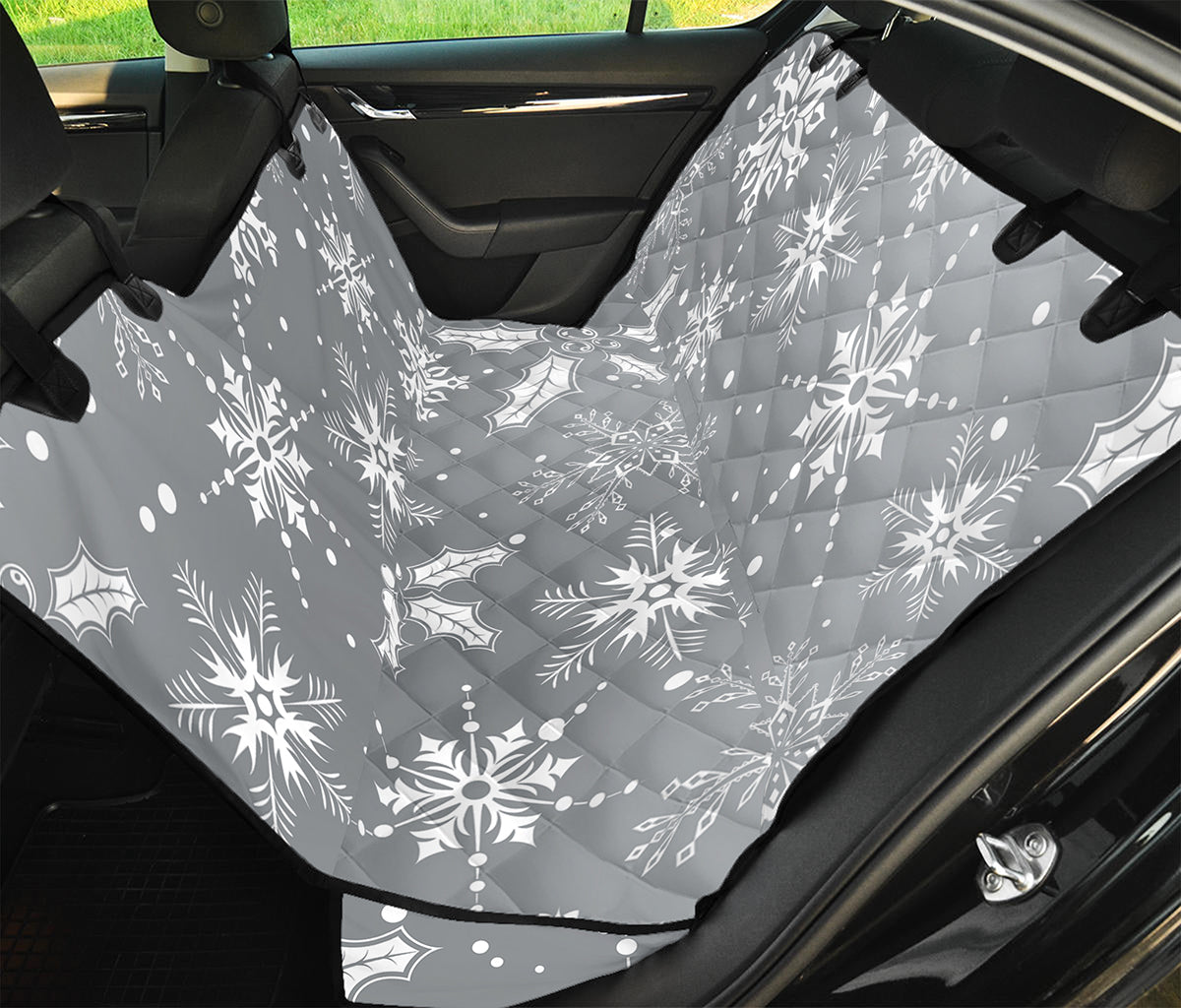 Silver And White Snowflake Pattern Print Pet Car Back Seat Cover