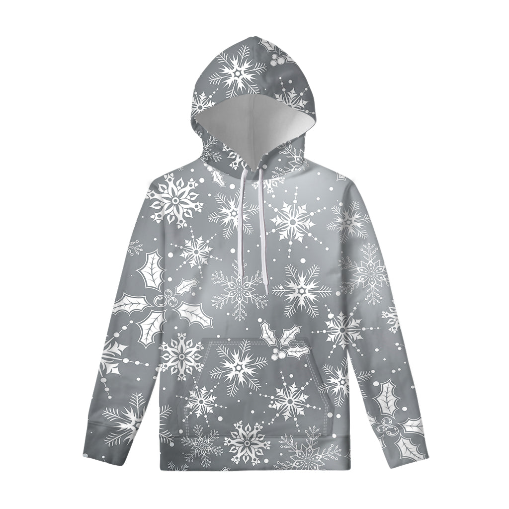 Silver And White Snowflake Pattern Print Pullover Hoodie
