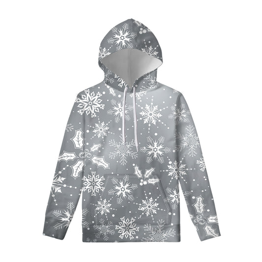 Silver And White Snowflake Pattern Print Pullover Hoodie