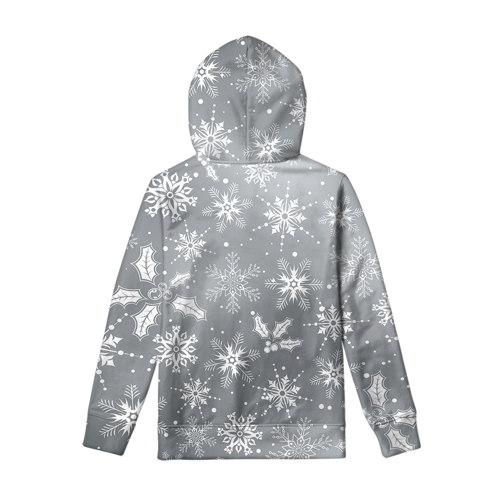 Silver And White Snowflake Pattern Print Pullover Hoodie