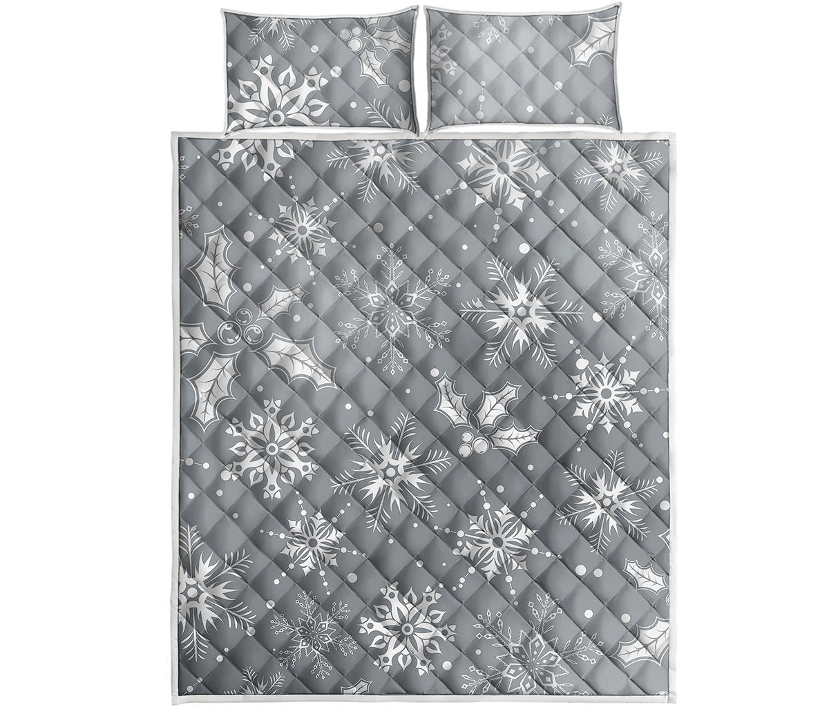 Silver And White Snowflake Pattern Print Quilt Bed Set