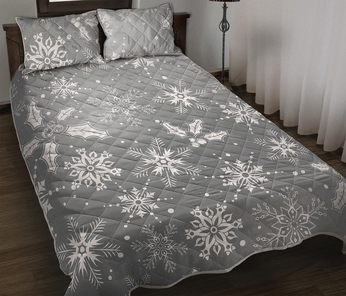 Silver And White Snowflake Pattern Print Quilt Bed Set