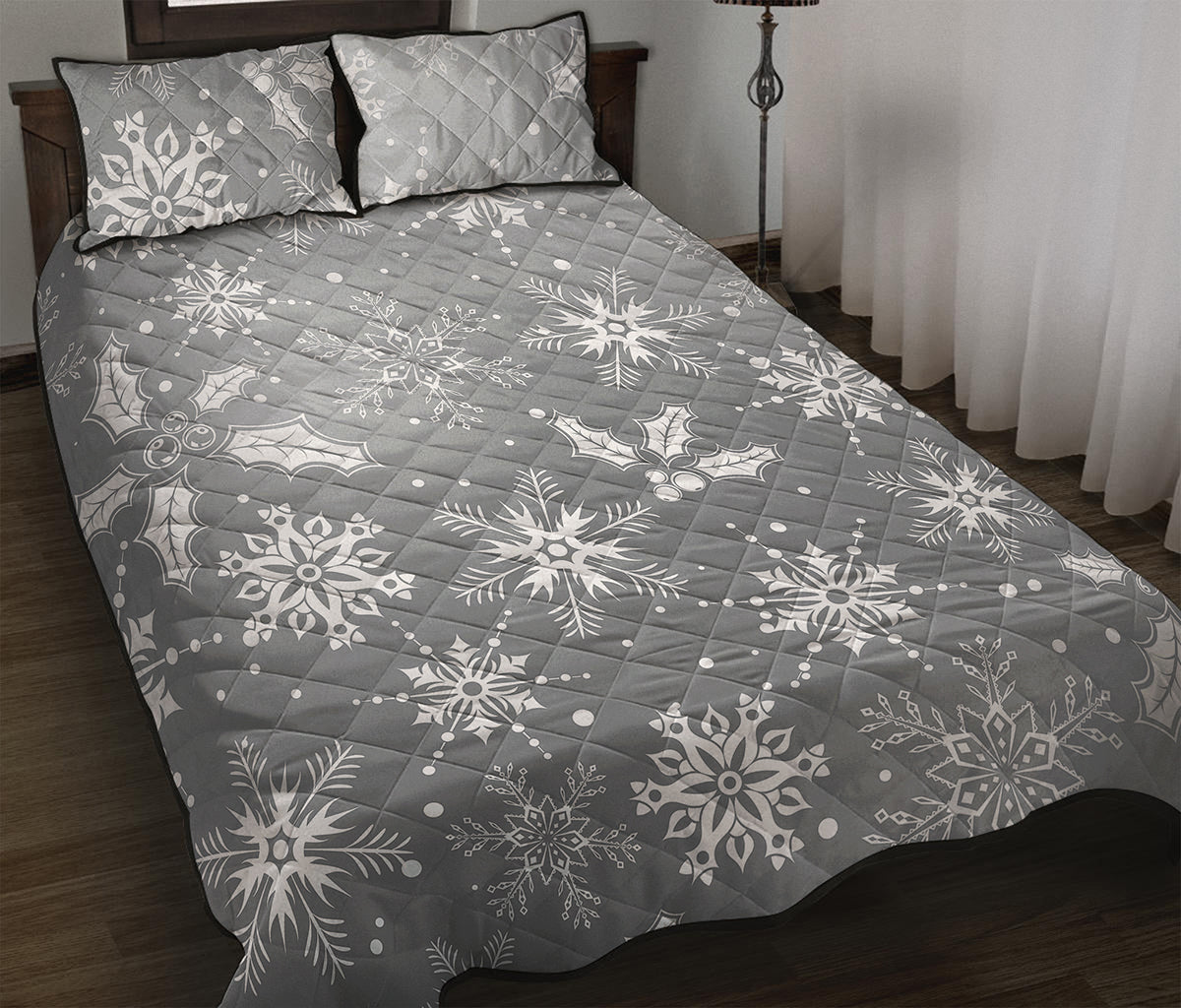 Silver And White Snowflake Pattern Print Quilt Bed Set