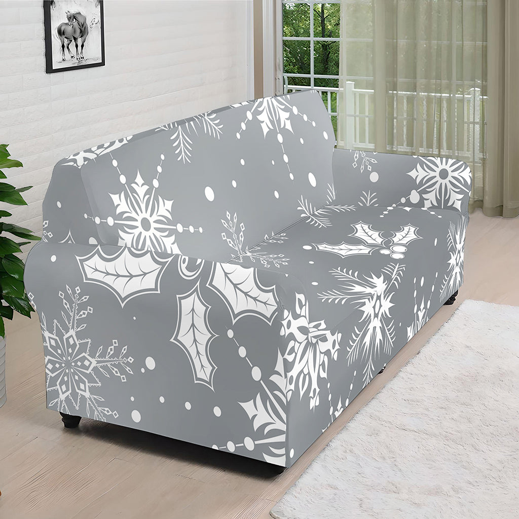 Silver And White Snowflake Pattern Print Sofa Cover
