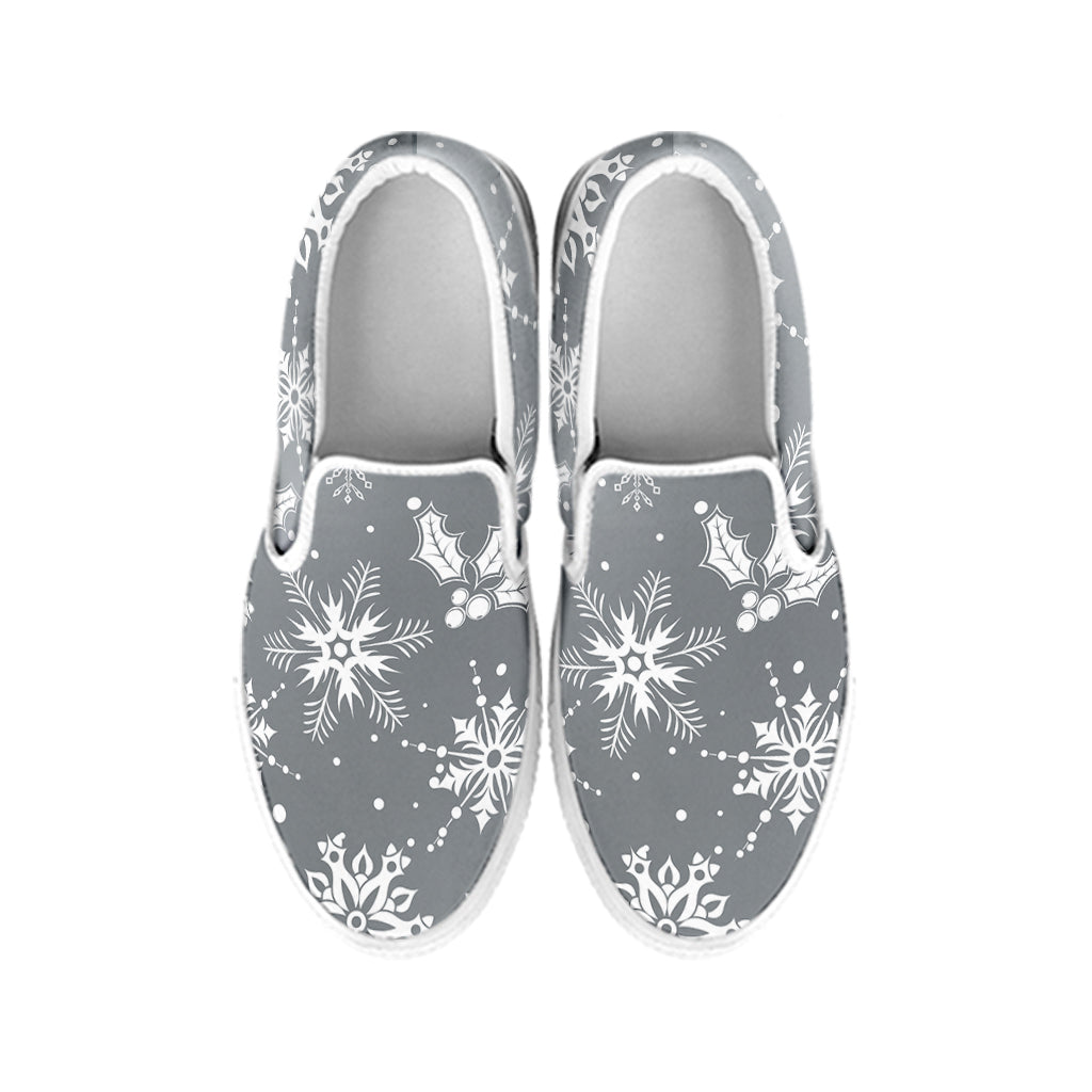 Silver And White Snowflake Pattern Print White Slip On Shoes