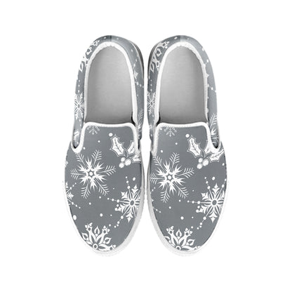 Silver And White Snowflake Pattern Print White Slip On Shoes