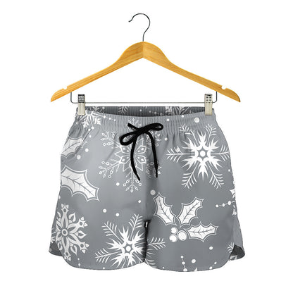 Silver And White Snowflake Pattern Print Women's Shorts