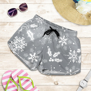 Silver And White Snowflake Pattern Print Women's Shorts