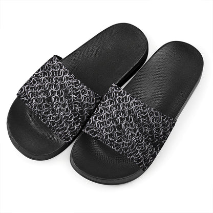 Silver Chainmail Print Black Slide Sandals
