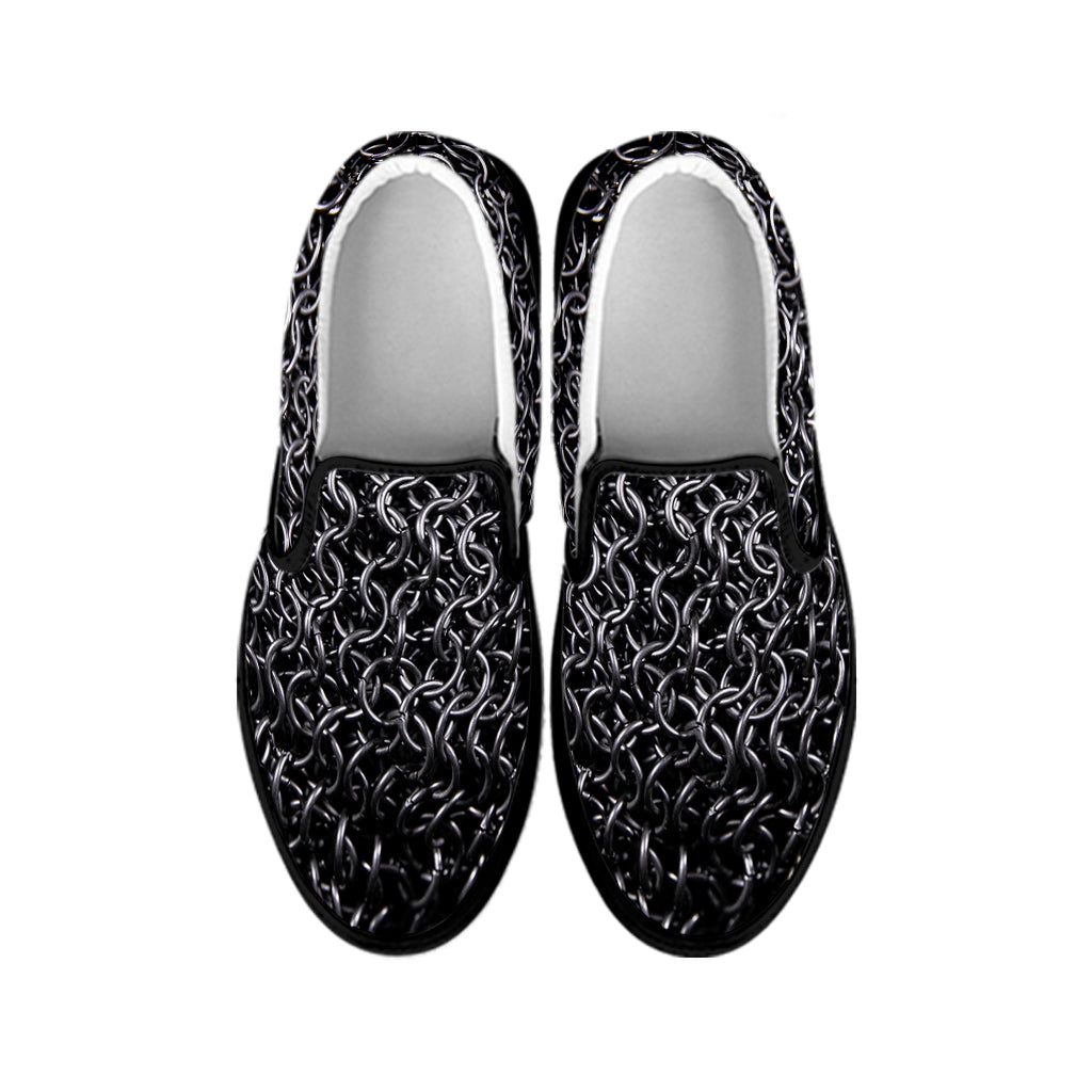 Silver Chainmail Print Black Slip On Shoes