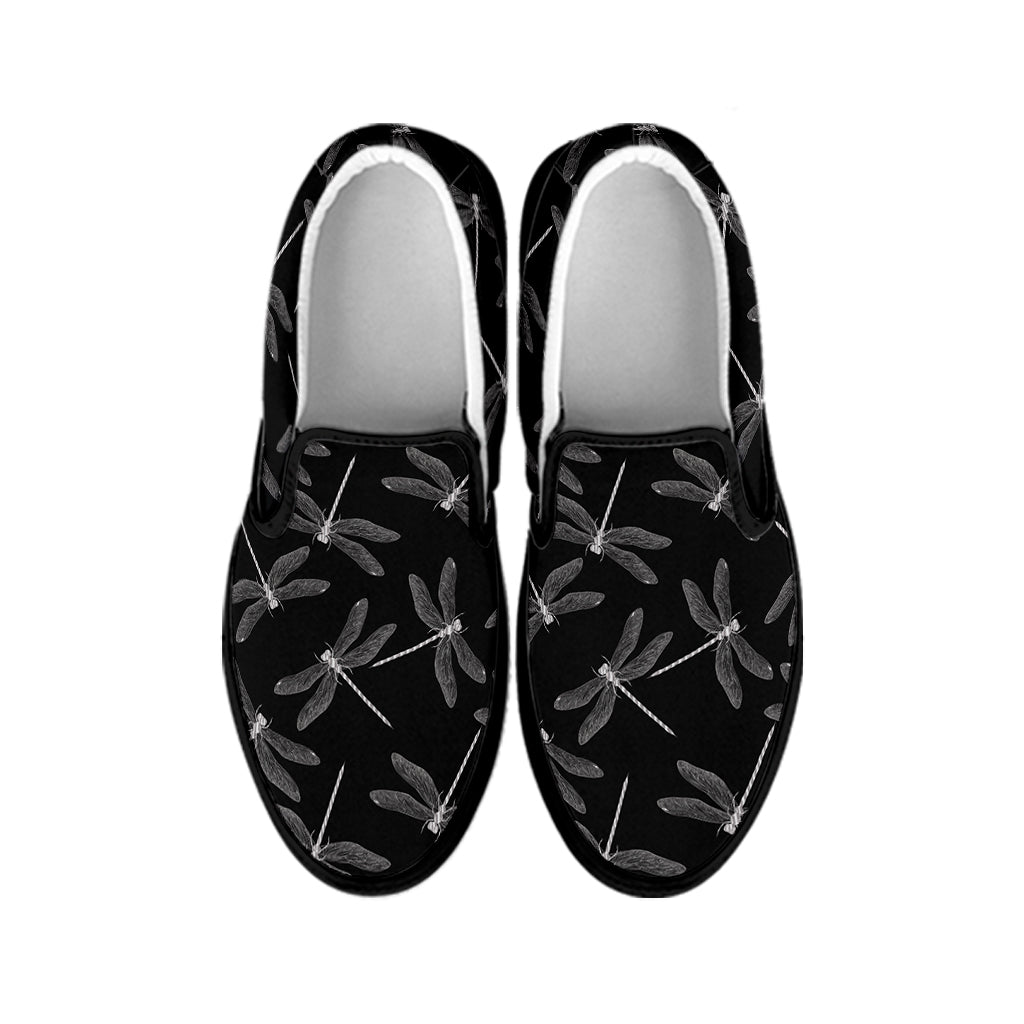 Silver Dragonfly Pattern Print Black Slip On Shoes