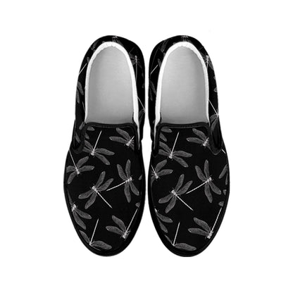 Silver Dragonfly Pattern Print Black Slip On Shoes