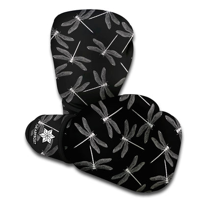 Silver Dragonfly Pattern Print Boxing Gloves