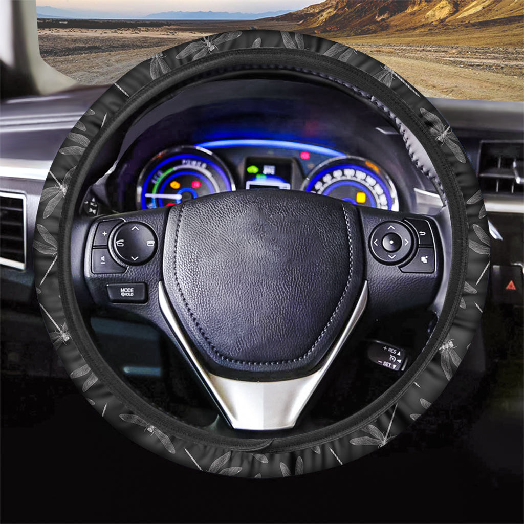 Silver Dragonfly Pattern Print Car Steering Wheel Cover