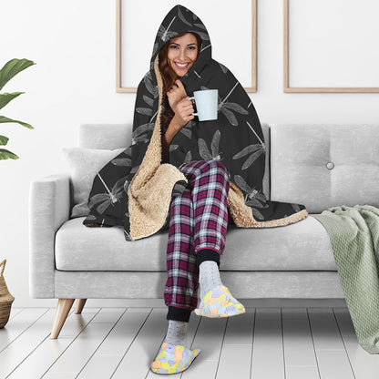 Silver Dragonfly Pattern Print Hooded Blanket