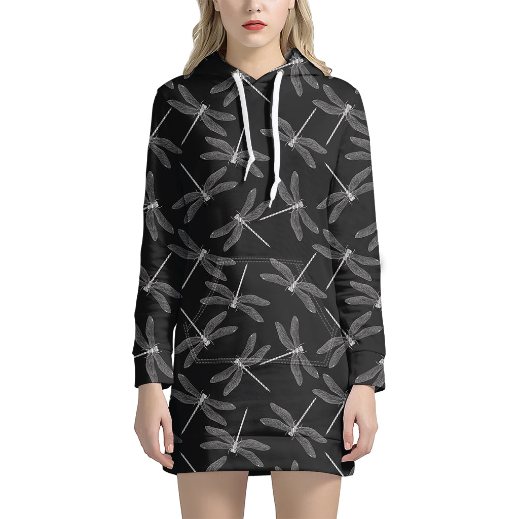 Silver Dragonfly Pattern Print Hoodie Dress
