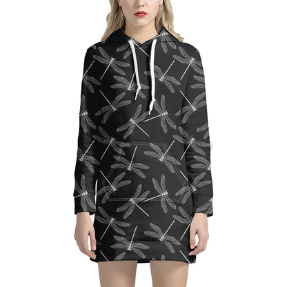 Silver Dragonfly Pattern Print Hoodie Dress