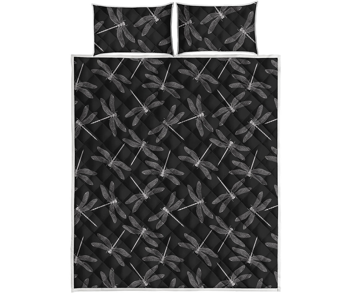 Silver Dragonfly Pattern Print Quilt Bed Set