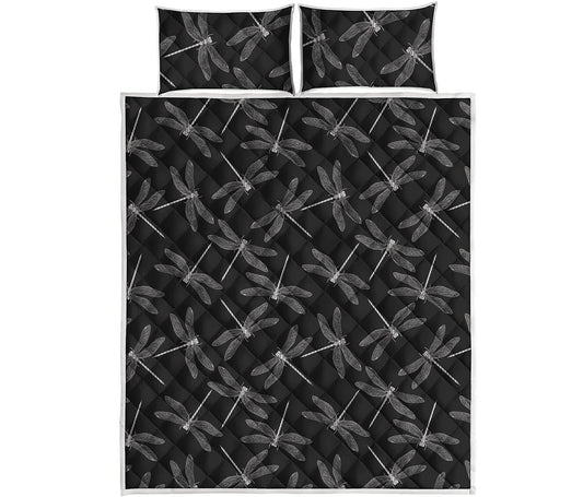 Silver Dragonfly Pattern Print Quilt Bed Set