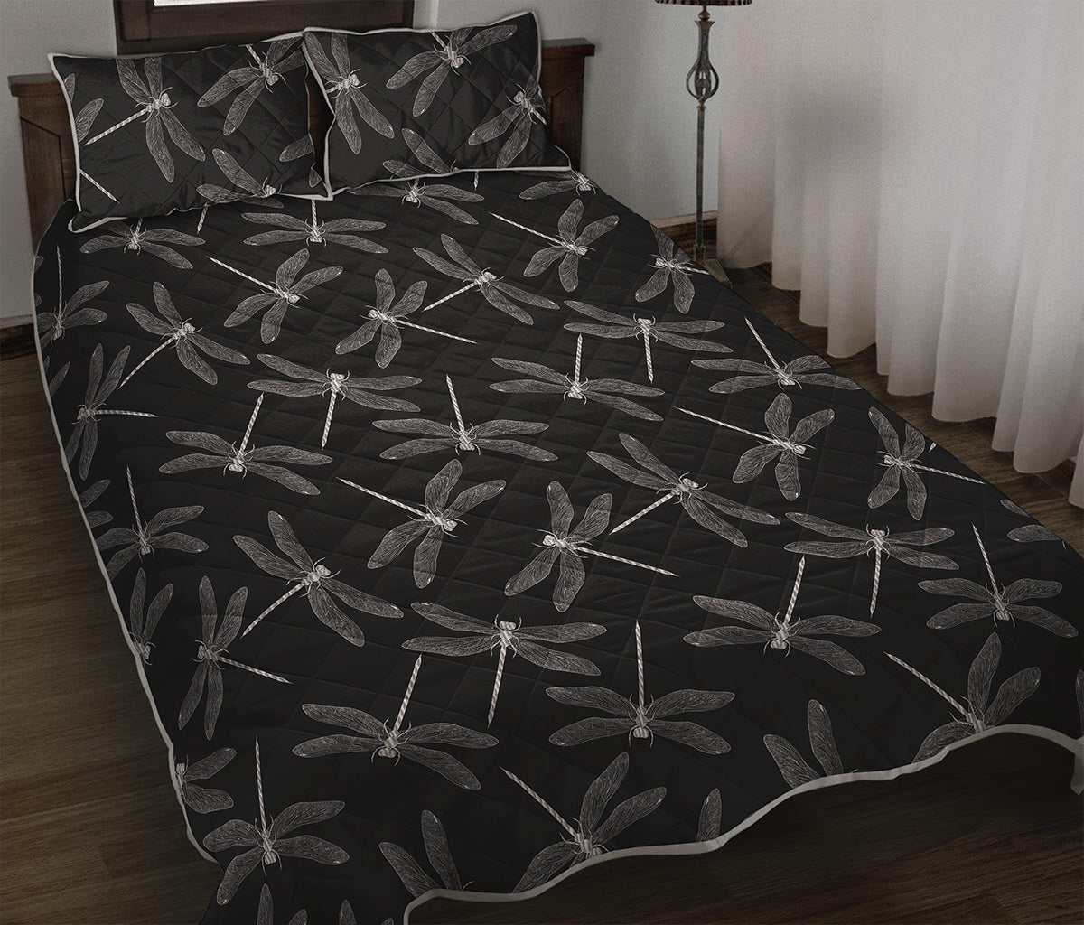 Silver Dragonfly Pattern Print Quilt Bed Set