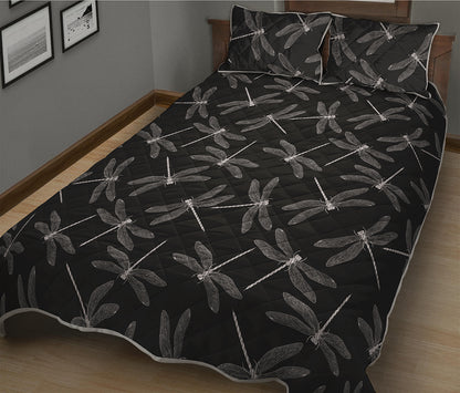 Silver Dragonfly Pattern Print Quilt Bed Set