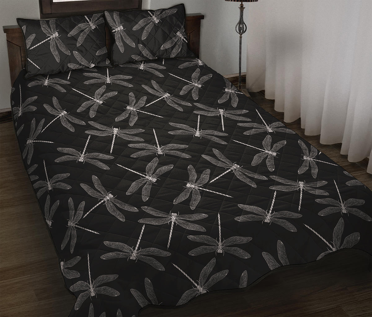 Silver Dragonfly Pattern Print Quilt Bed Set