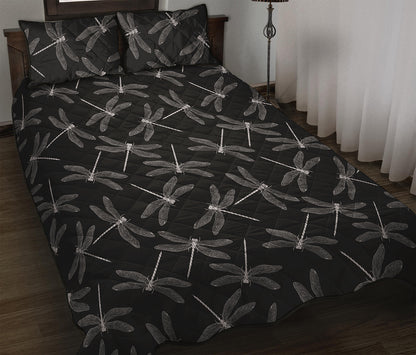 Silver Dragonfly Pattern Print Quilt Bed Set