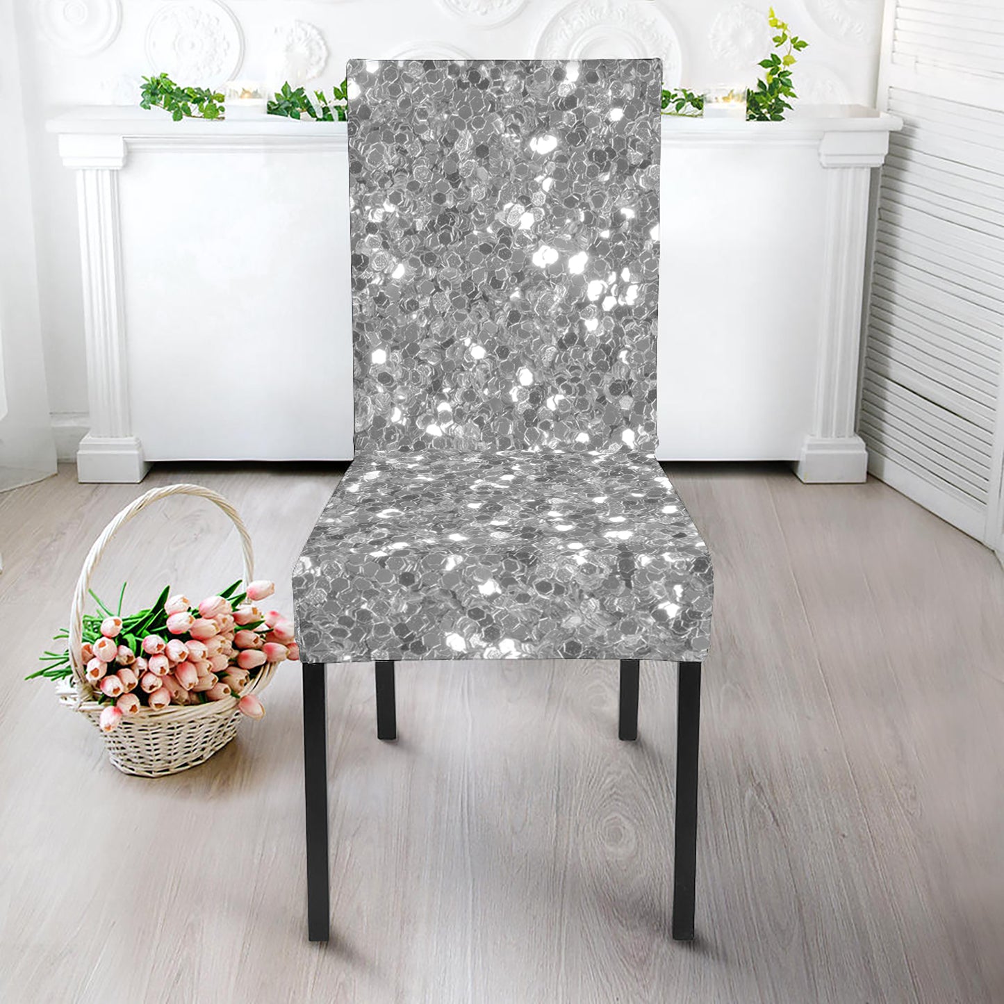 Silver Glitter Artwork Print Dining Chair Slipcover