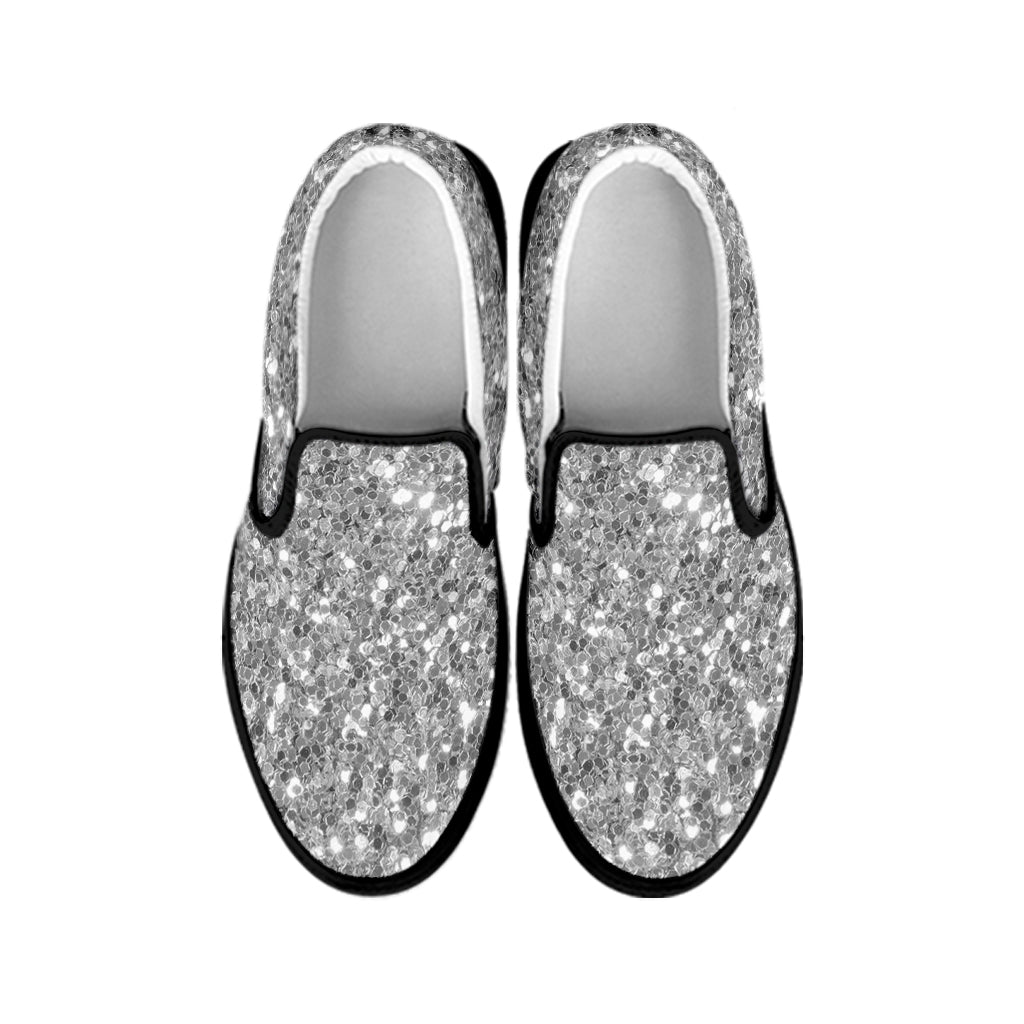 Silver Glitter Texture Print Black Slip On Shoes