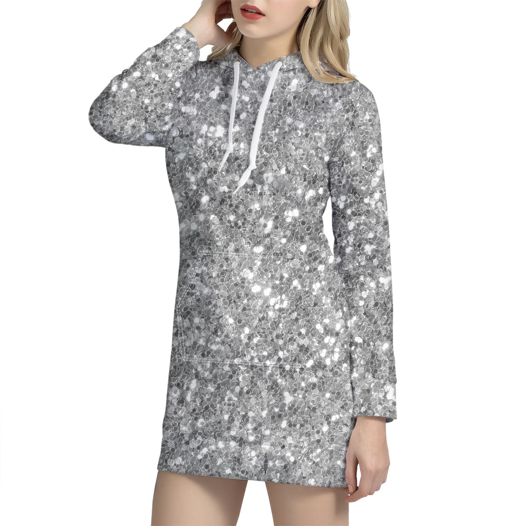 Silver Glitter Texture Print Hoodie Dress