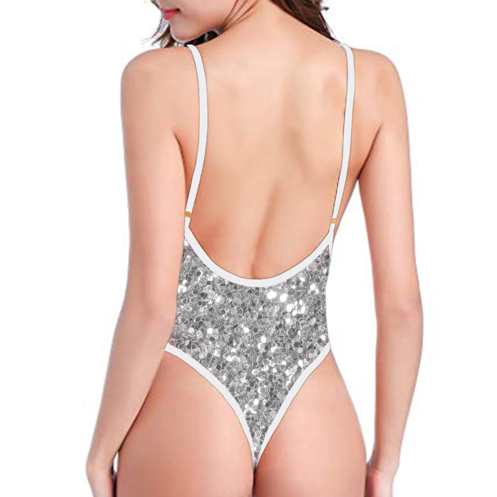 Silver Glitter Texture Print One Piece High Cut Swimsuit