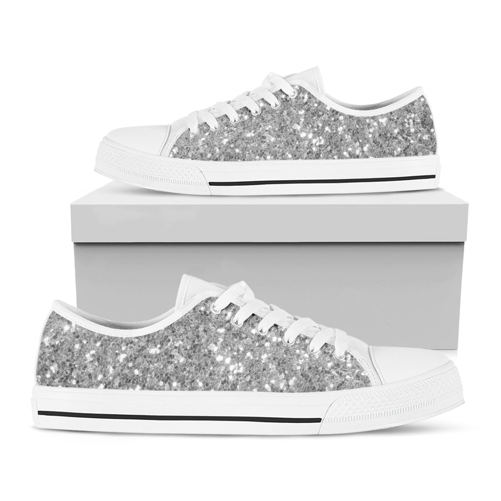 Silver Glitter Texture Print White Low Top Shoes