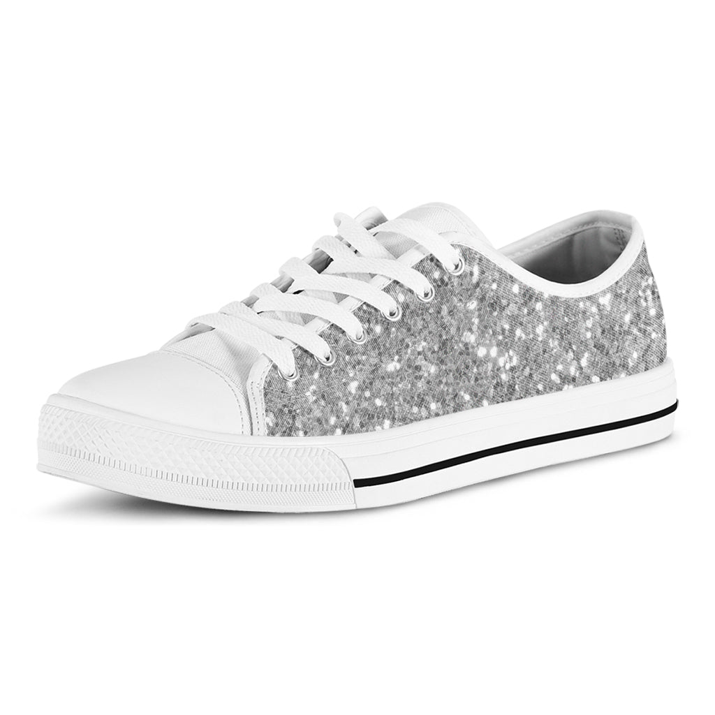 Silver Glitter Texture Print White Low Top Shoes