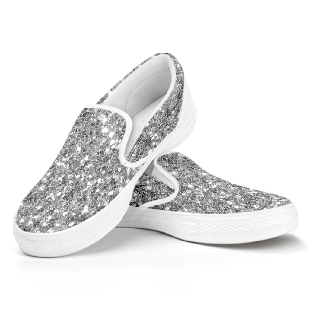 Silver Glitter Texture Print White Slip On Shoes