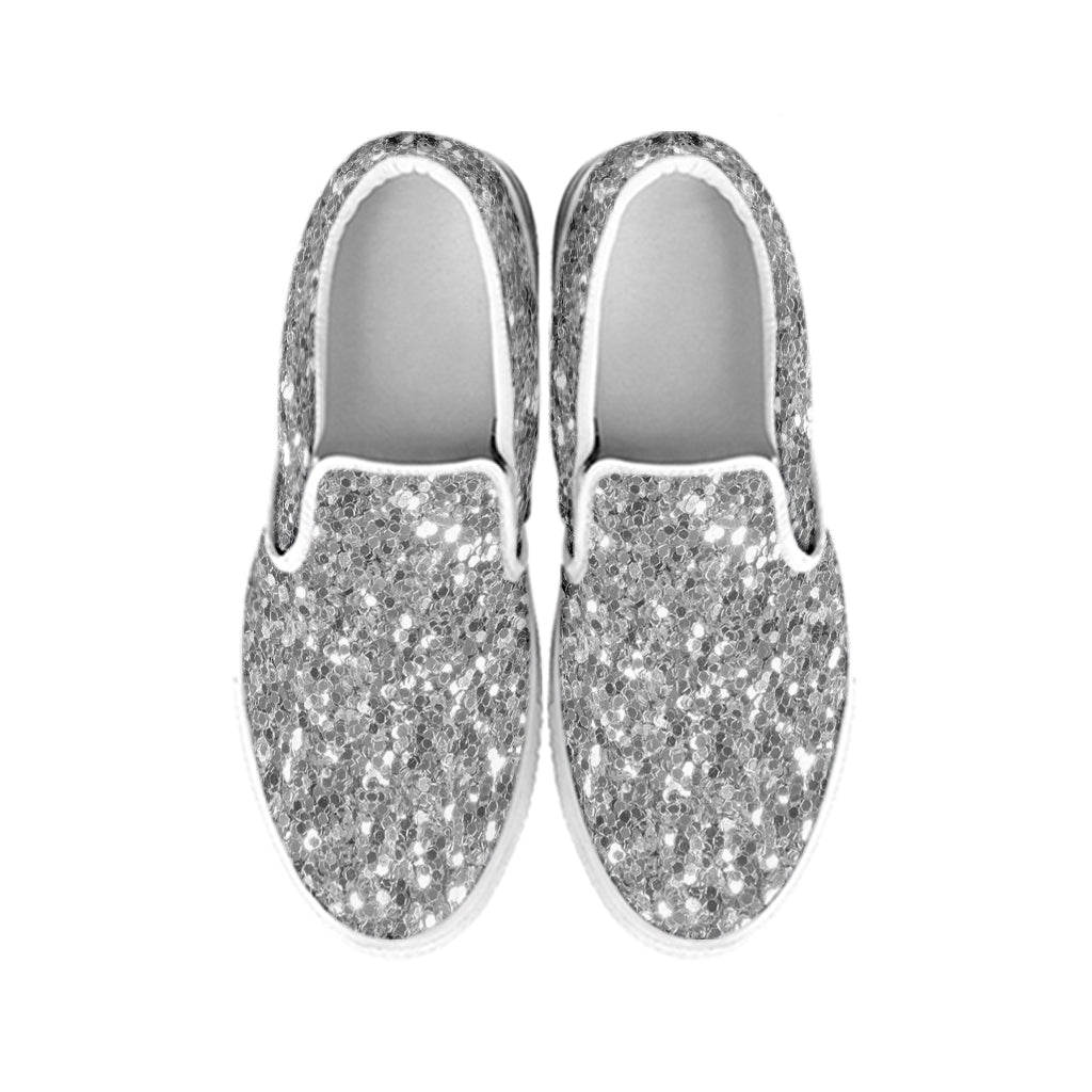 Silver Glitter Texture Print White Slip On Shoes