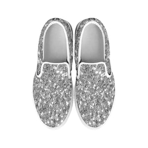 Silver Glitter Texture Print White Slip On Shoes