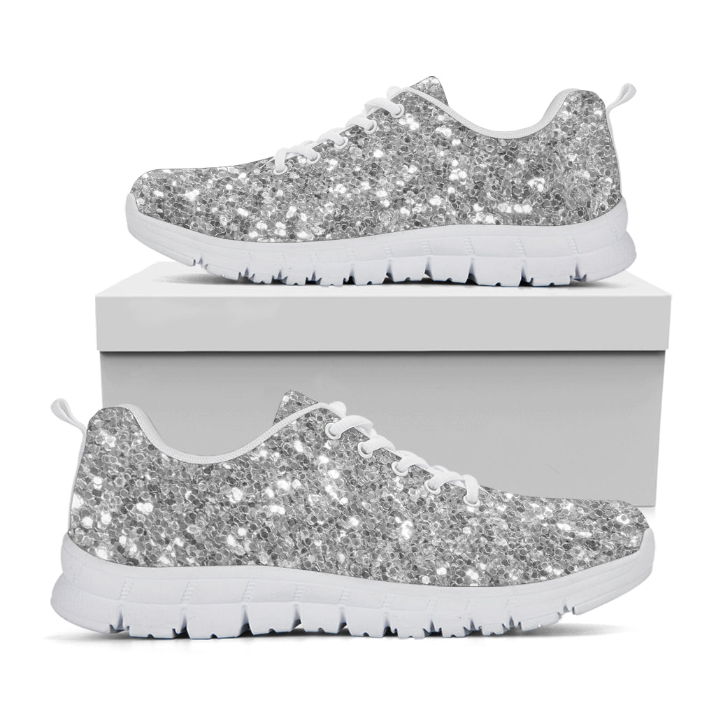 Silver Glitter Texture Print White Sneakers