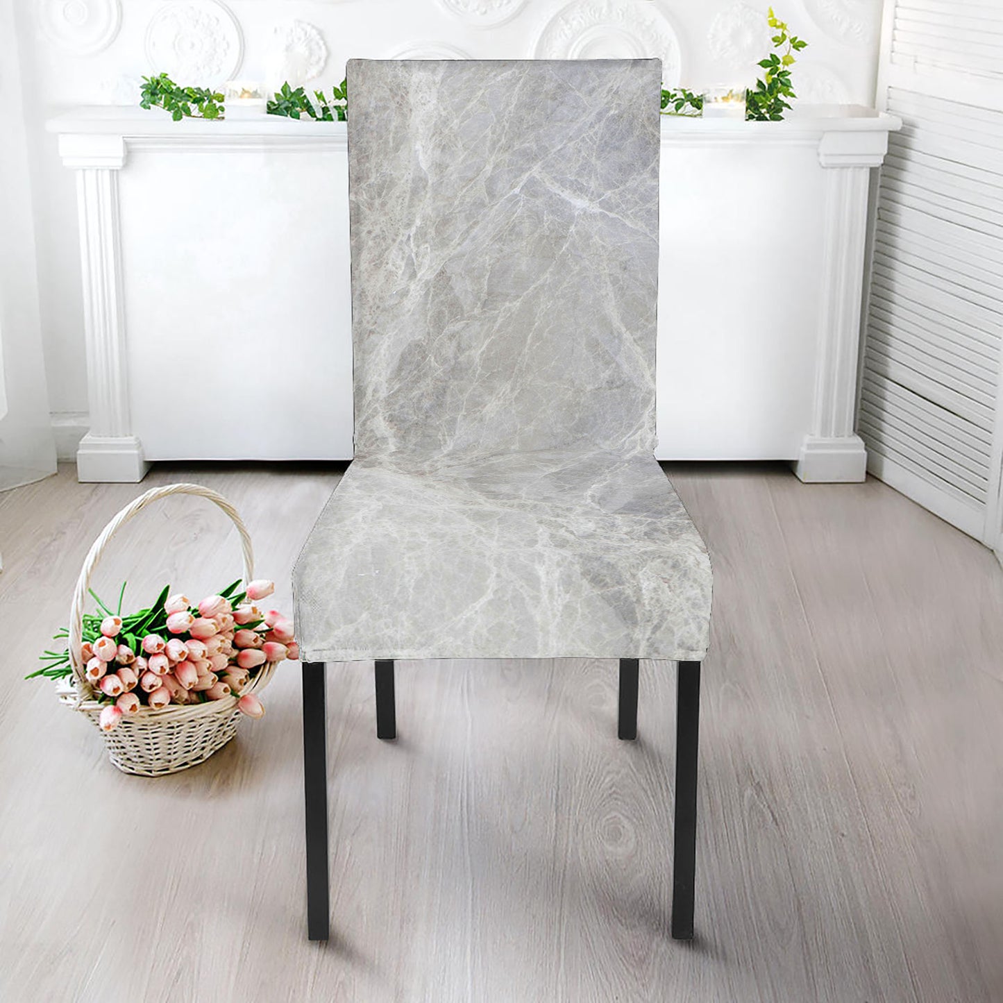 Silver Grey Marble Print Dining Chair Slipcover