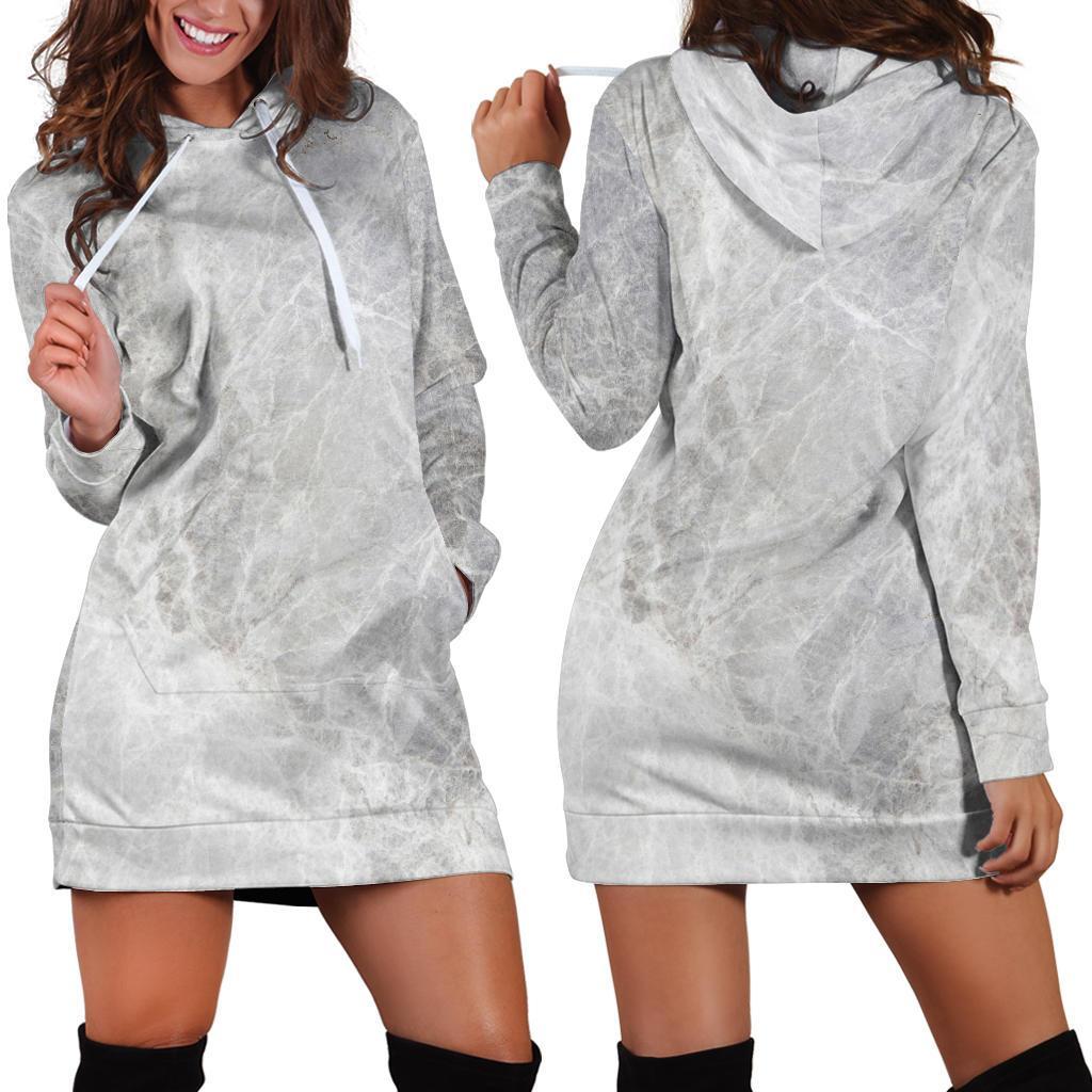Silver Grey Marble Print Hoodie Dress GearFrost