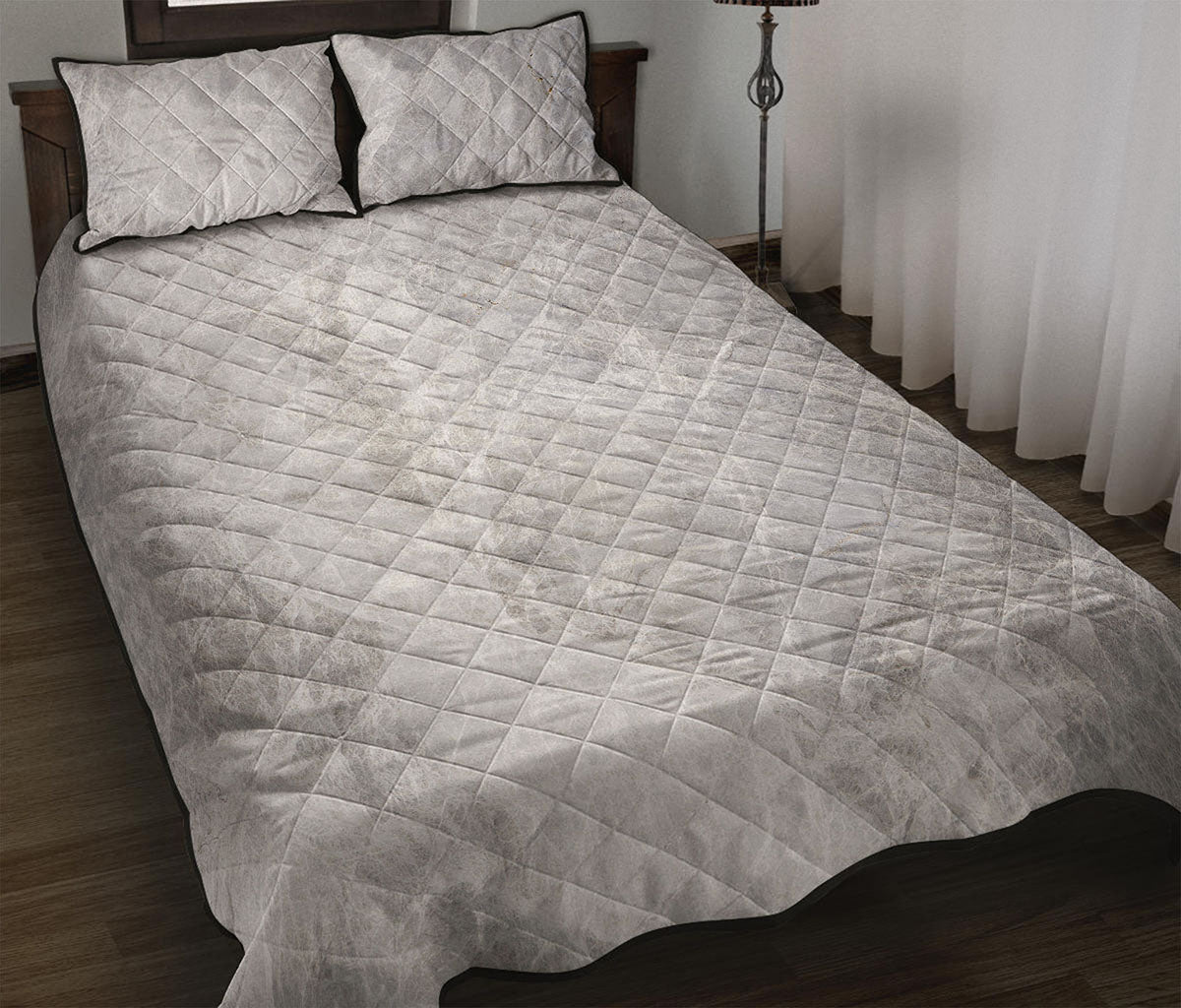 Silver Grey Marble Print Quilt Bed Set