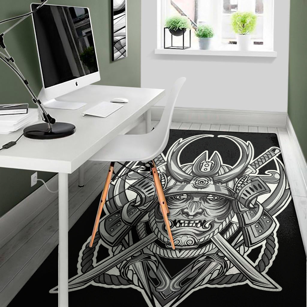 Silver Samurai Mask Print Area Rug