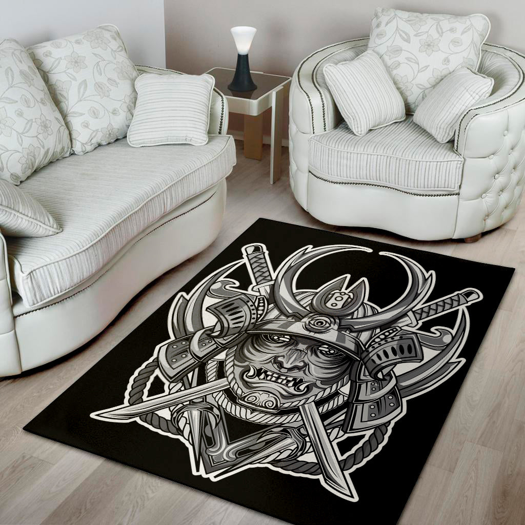 Silver Samurai Mask Print Area Rug