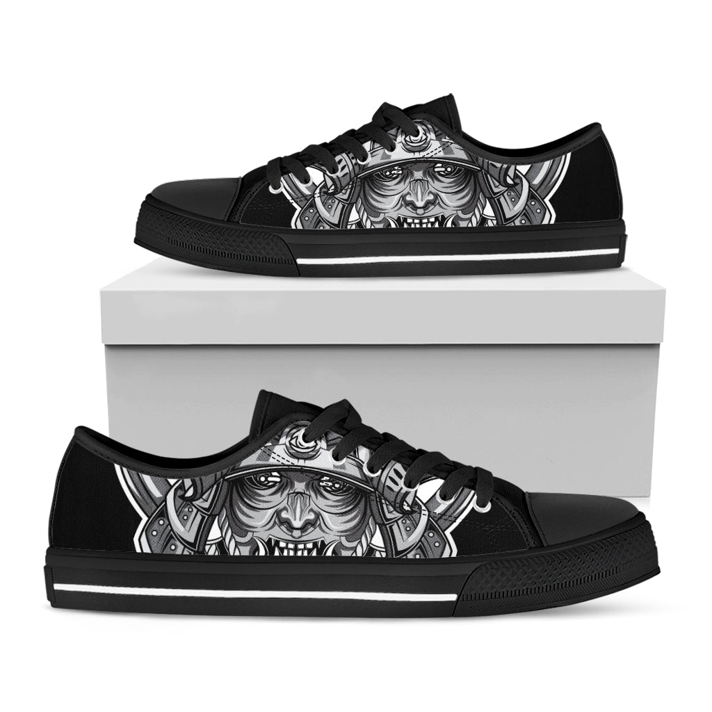 Silver Samurai Mask Print Black Low Top Shoes 
