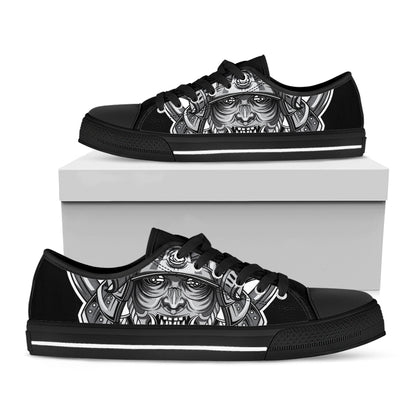 Silver Samurai Mask Print Black Low Top Shoes 