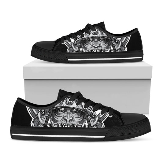 Silver Samurai Mask Print Black Low Top Shoes 